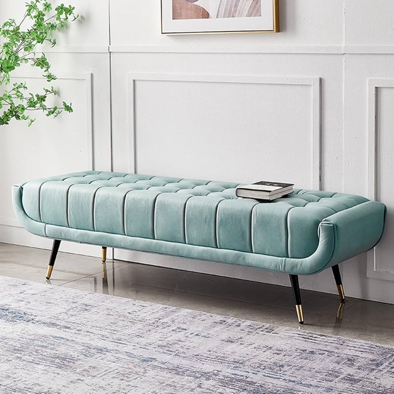 Emerald Green Velvet Bench with Gold Metal Legs and Button Tufting