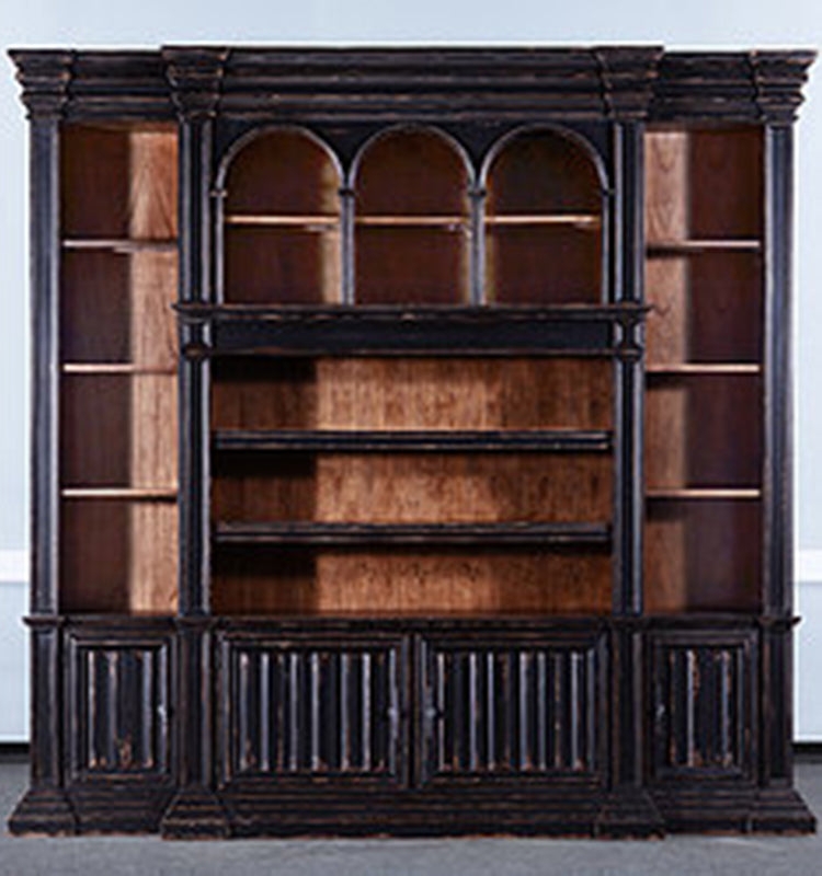 Entertainment Center Bookcase, Distressed Cathedral Arched Shelves
