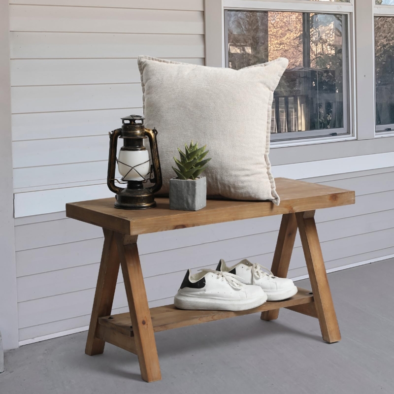 Entryway Bench 30 Inch Width Lower Shelf, Small Porch Storage Seating