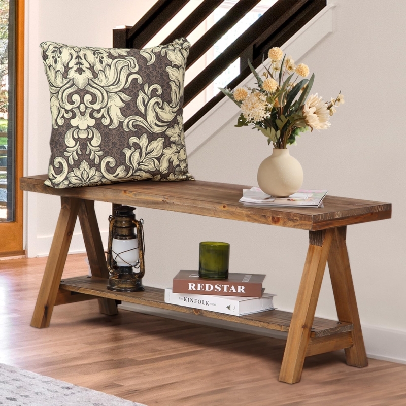 Entryway Bench A-Frame Legs Lower Shelf, Rustic Wood Bench For Entryway