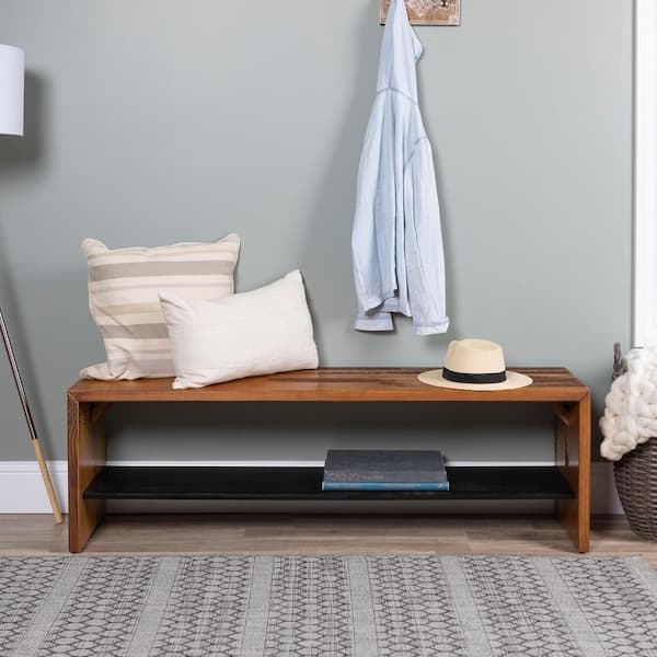 Entryway Bench Amber Wood Finish Lower Storage Shelf 58 Inch Long