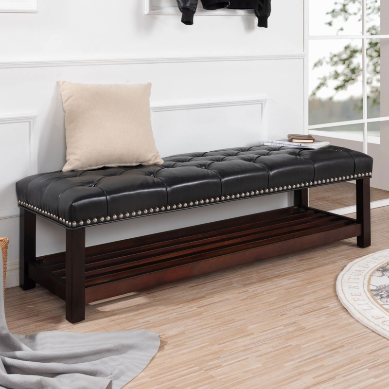 Entryway Bench Black Button Tufted Slatted Storage Shelf Transitional