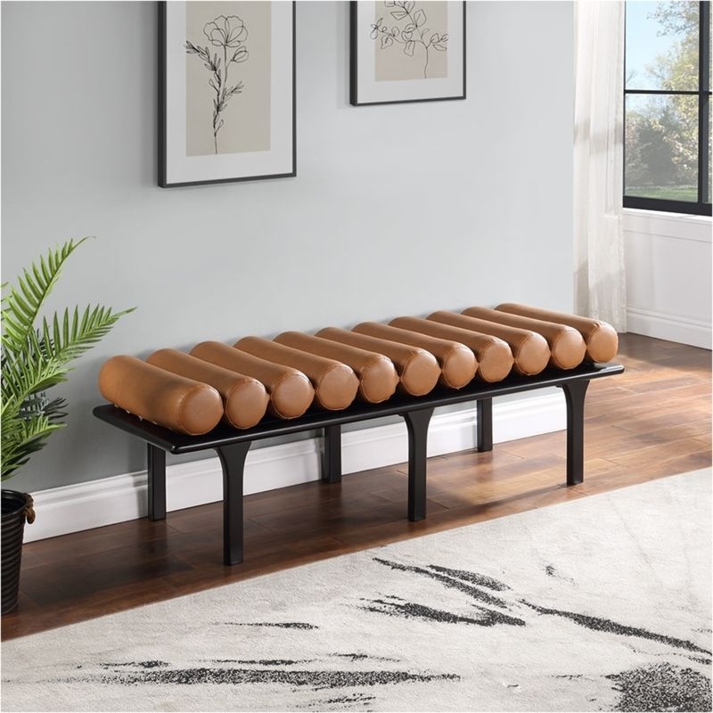 Entryway Bench Cognac Bolster Cushions Black Metal Frame Contemporary