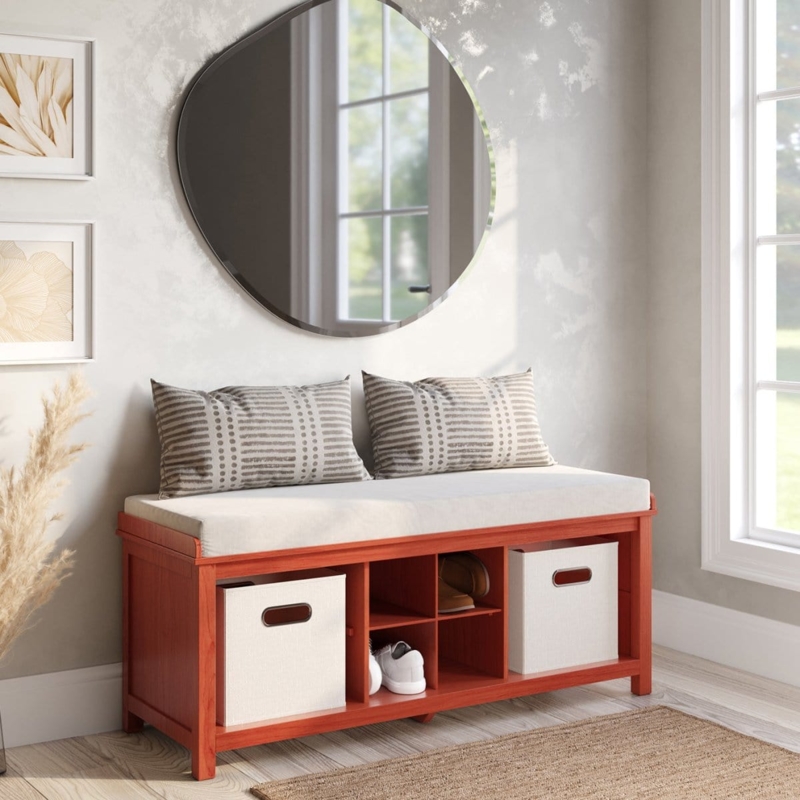 Entryway Bench Espresso Shoe Divider Woven Baskets Mudroom