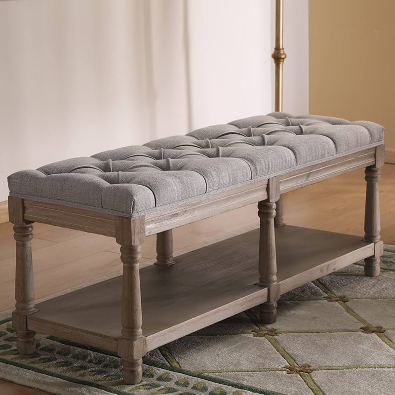 Entryway Bench Gray Button Tufted Slatted Storage Shelf Farmhouse