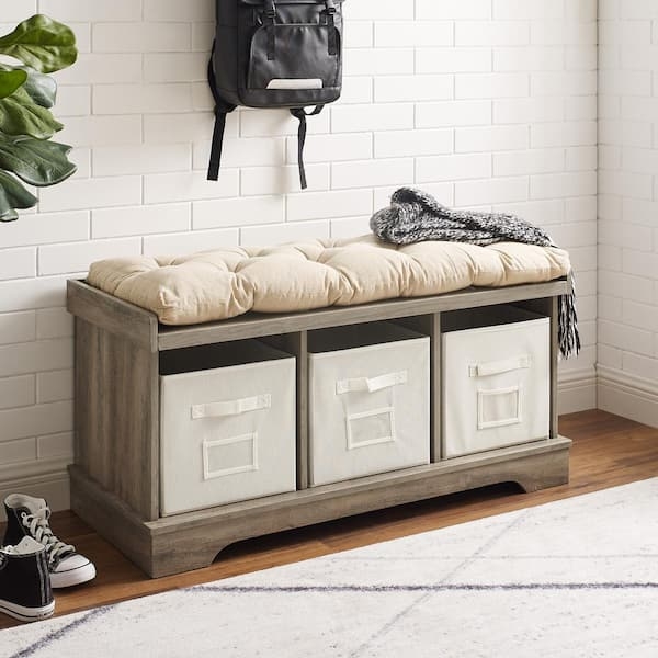 Entryway Bench Gray Wash Finish X Brace Sides Slatted Storage Shelf