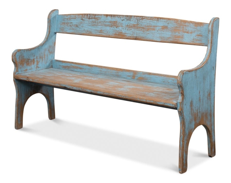 Entryway Bench having Distressed Blue Finish and Arched Side Cutouts