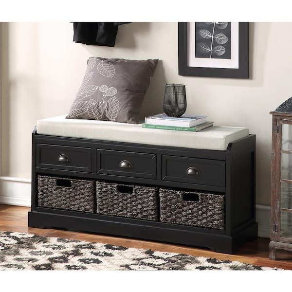 Entryway Bench in Black Finish with Three Drawers and Basket Storage