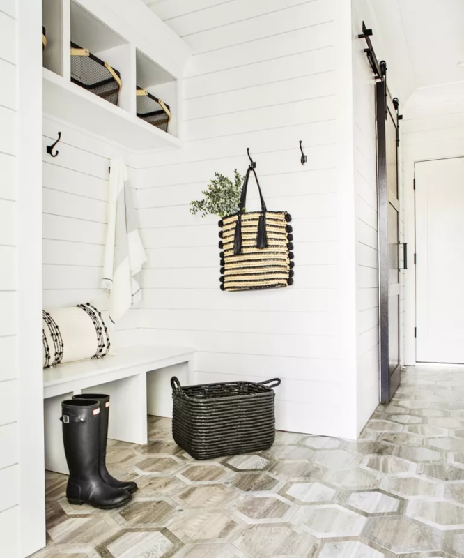 Entryway Bench Integrated Shiplap Built In Cubbies Farmhouse Style