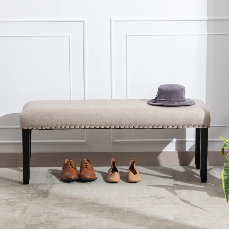 Entryway Bench, Nailhead Trim, Tapered Legs, Linen Like Fabric