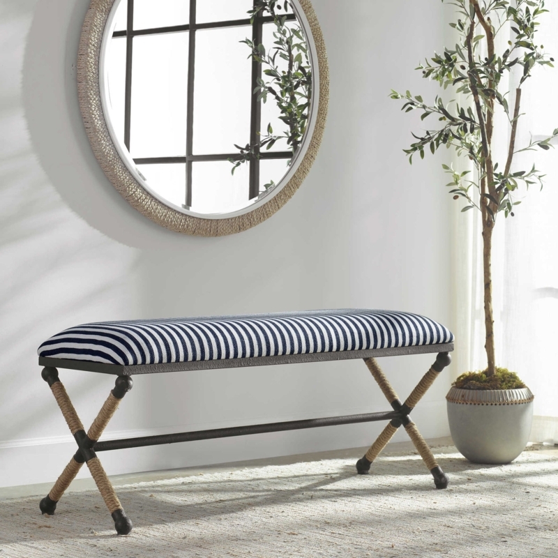Entryway Bench Nautical Striped Spindle Legs Lower Shelf Storage