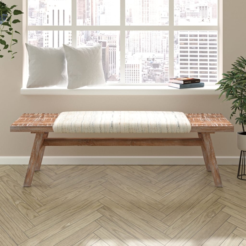Entryway Bench Off-White Linen Texture X-Frame Legs Nailhead Trim