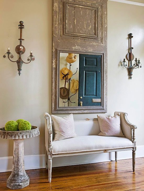 Entryway Bench Shabby Chic Foyer Seating Repurposed Door Mirror