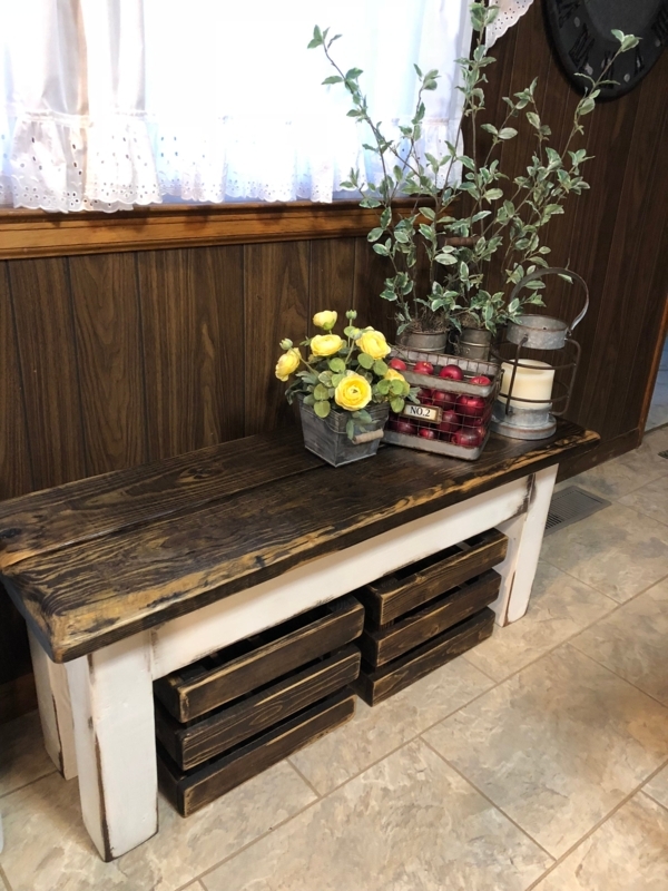 Entryway Bench Storage Crates Two-Tone Finish, Rustic Mudroom Seating