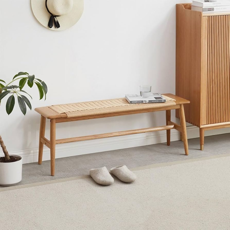 Entryway Bench Tapered Round Legs Woven Cane Surface Japandi Style