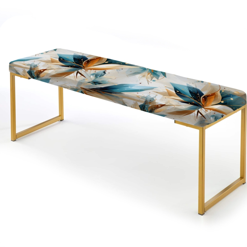 Entryway Bench Teal Abstract Floral Upholstery Gold Sled Frame