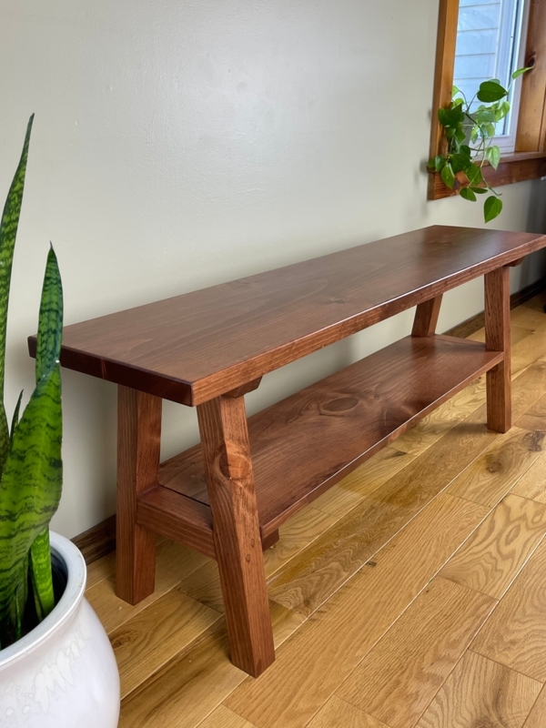 Entryway Bench Thick Plank Seat Rich Wood Grain Lower Shelf Rustic