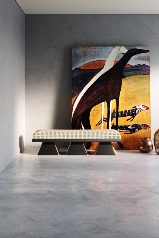 Entryway Bench Trapezoidal Legs Micro Grid Upholstery Sculptural