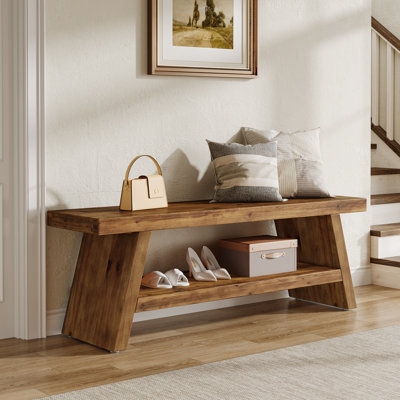 Entryway Bench, Two-Tier Slatted Shoe Shelf, Light Wood