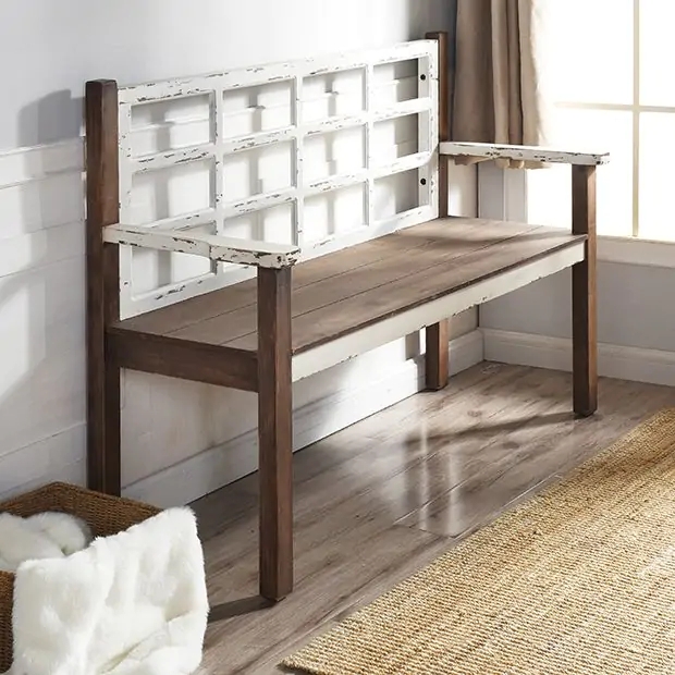 Entryway Bench Window Pane Backrest, Distressed White Window Pane Bench