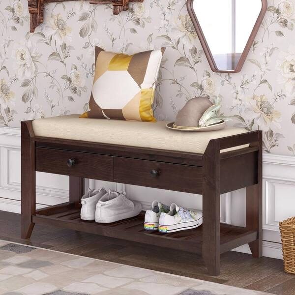 Entryway Bench with 2 Drawers, Slatted Shoe Shelf