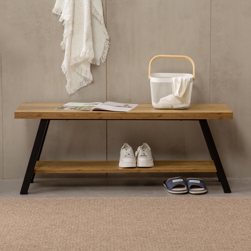 Entryway Bench with A-Frame Legs and Two-Tier Industrial Storage