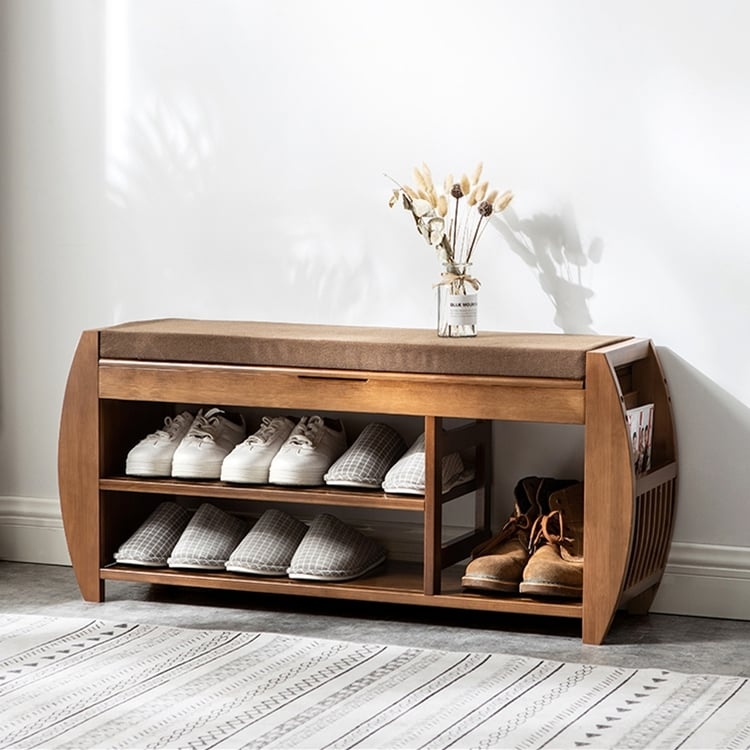 Entryway Bench with Charcoal Cushion, Rustic Bamboo Storage