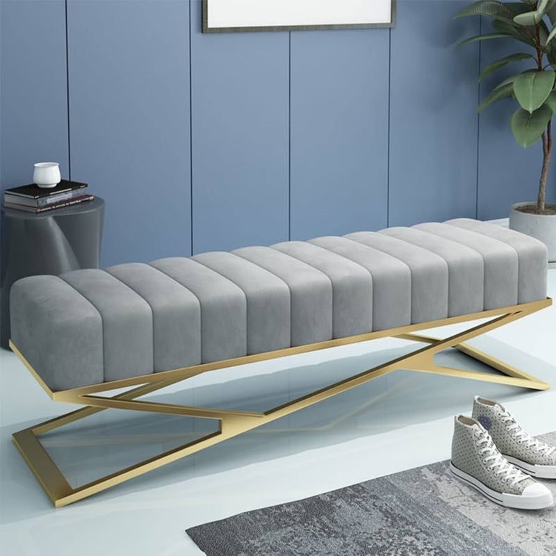 Entryway Bench with Geometric Gold Base and Grey Channel Tufted Seat
