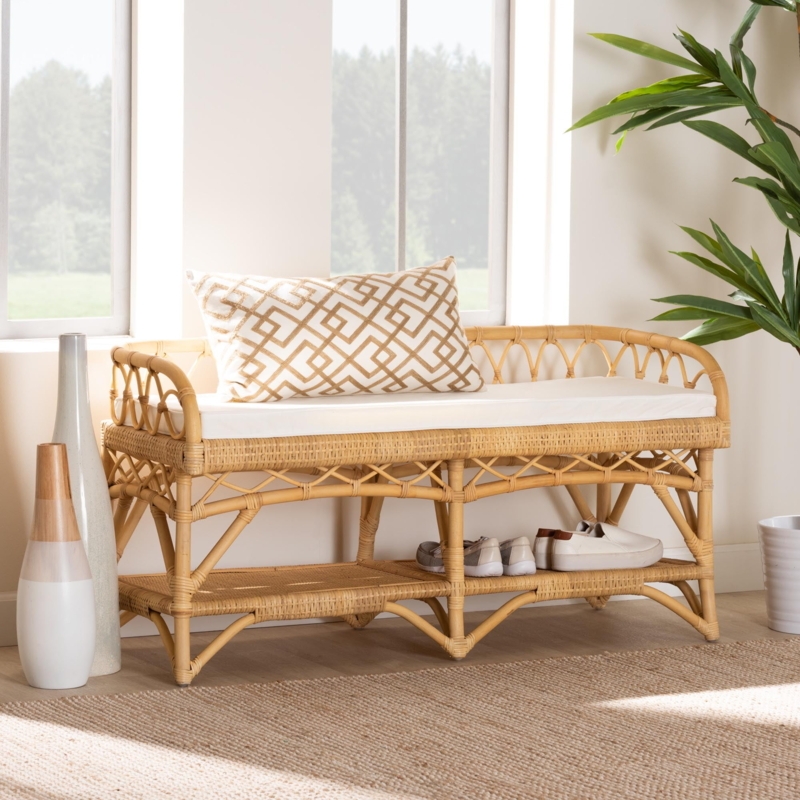 Entryway Bench with Integrated Shoe Storage, Rattan Cane, Curved Arms