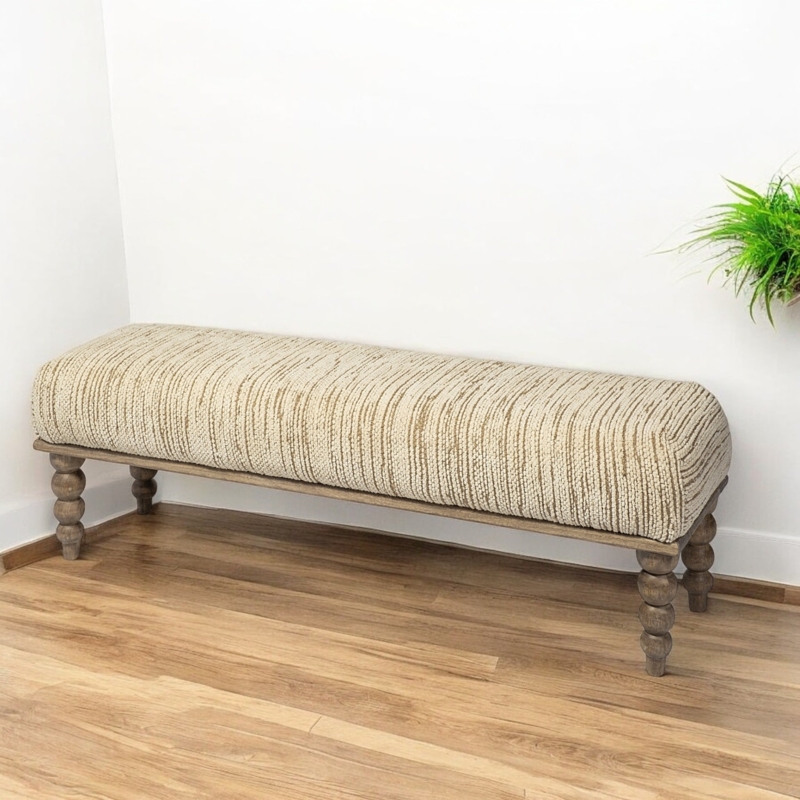 Entryway Bench with Integrated Wood Shelf, Cream Button Tufted Top