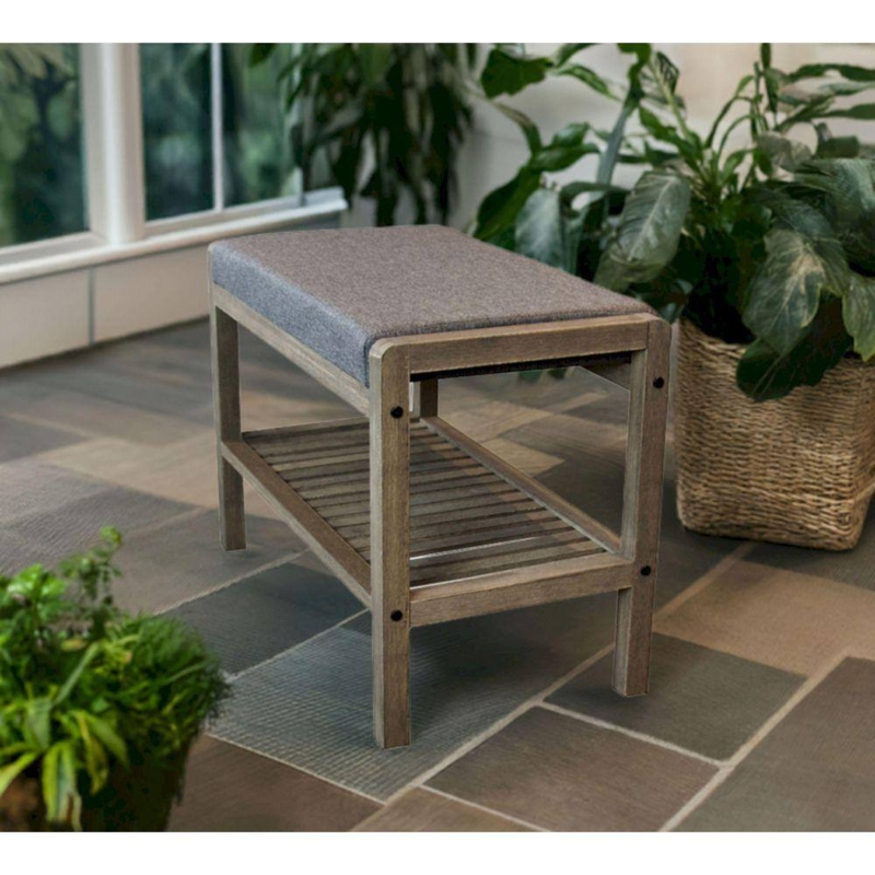 Entryway Bench with Padded Seat and Slatted Shoe Storage Shelf