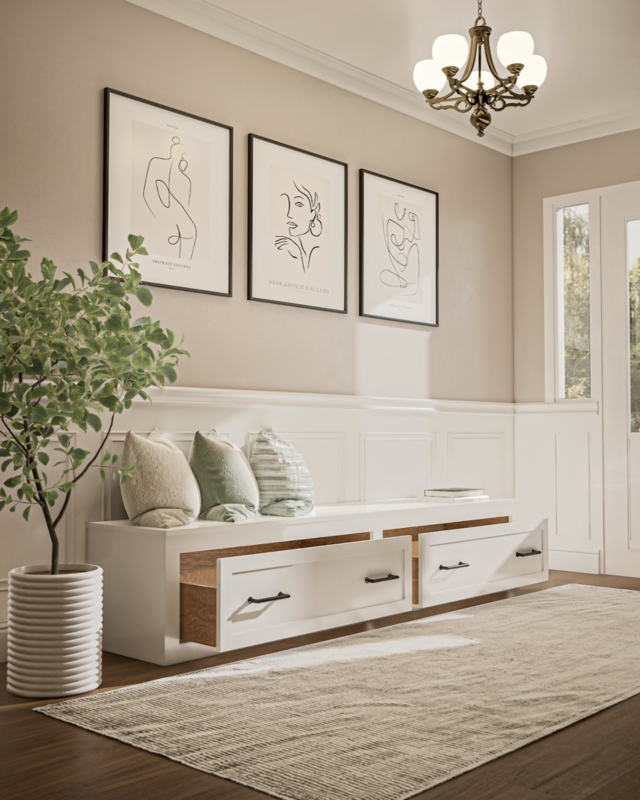 Entryway Bench with Shaker Drawers and Wainscoting Backdrop