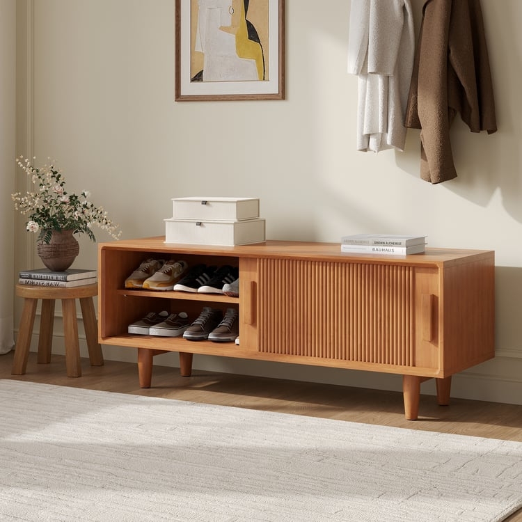 Entryway Bench with Slatted Shelf Storage in Scandinavian Style
