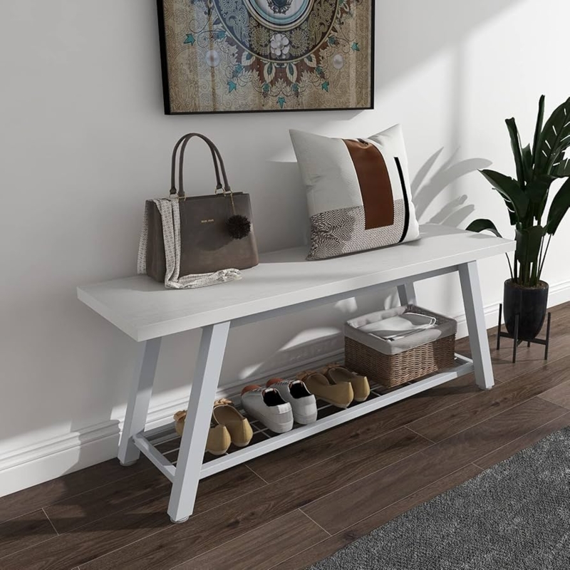Entryway Bench with White Mesh Shelf Combination, Slanted A-Frame Legs.