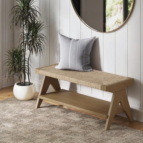 Entryway Bench Woven Seagrass Seat A-Frame Legs, Woven Seat Wooden Bench.