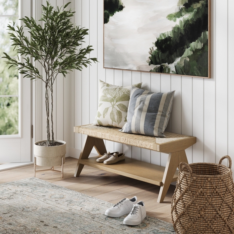 Entryway Bench Woven Seagrass Top Integrated Shoe Shelf Scandi Style
