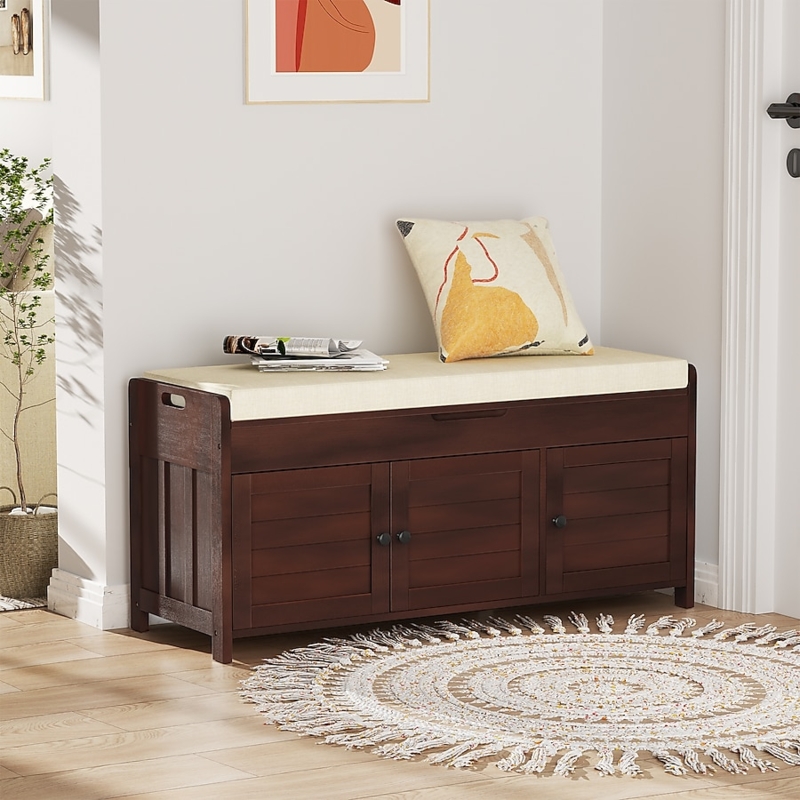 Entryway Storage Bench with 3 Louvered Doors
