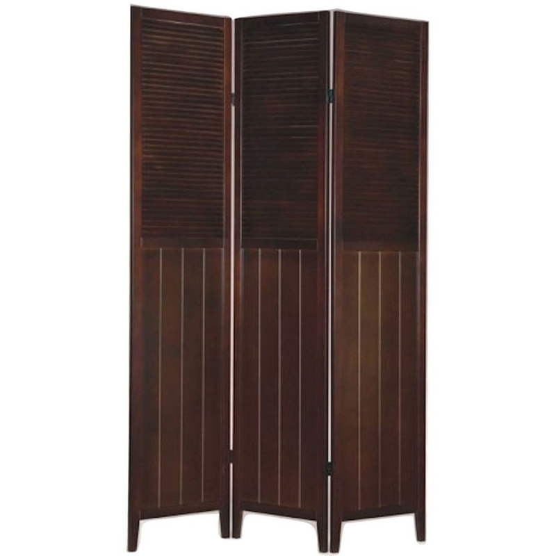 Espresso Folding Room Divider 3 Panel Louvered Top with Beaded Base