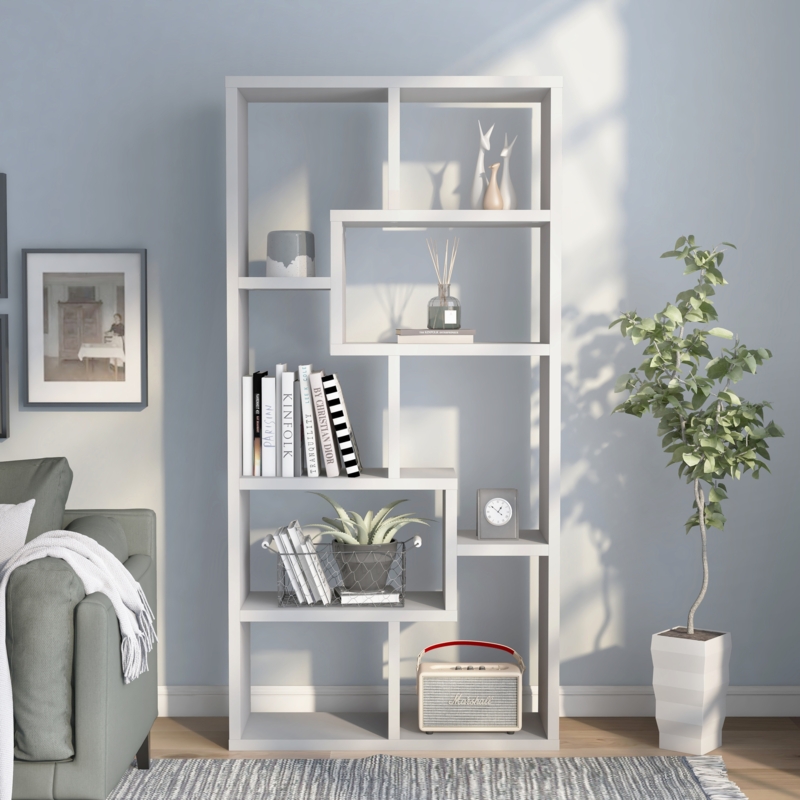 Espresso Geometric Bookcase Offset Shelving Unit