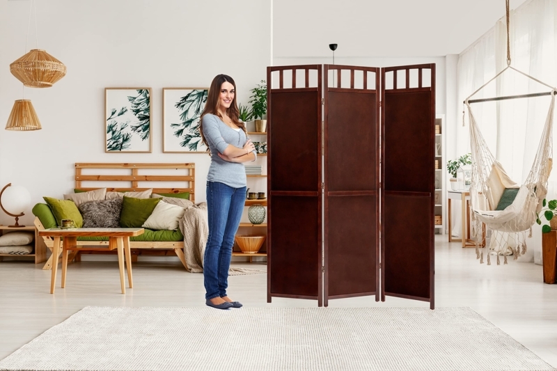 Espresso Room Divider 3 Panel Folding Screen with Slatted Top Detail