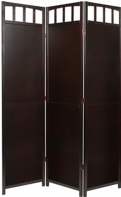 Espresso Room Divider 3 Panel Slatted Top Folding Screen Wood Toned