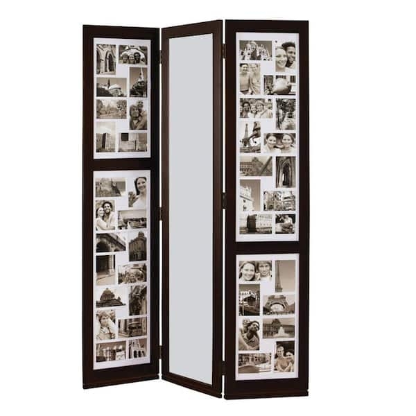 Espresso Room Divider with Integrated Mirror and Multi-Photo Frames
