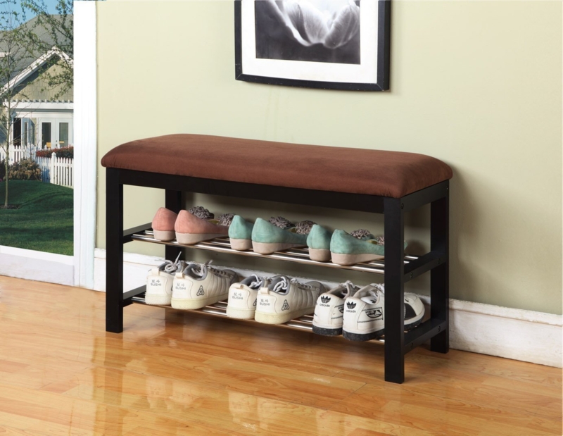 Espresso Shoe Bench with Microfiber Seat and Metal Shelves