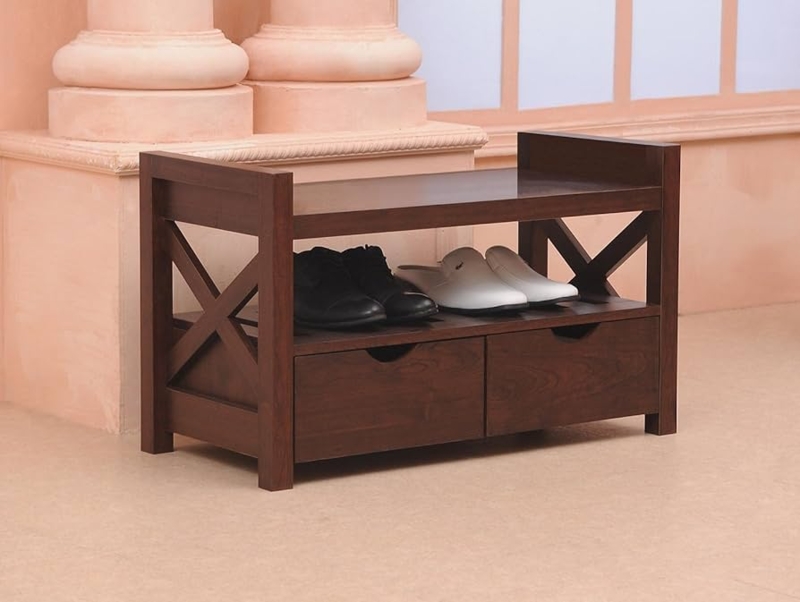 Espresso Shoe Storage Bench with Drawers and X-Frame Sides