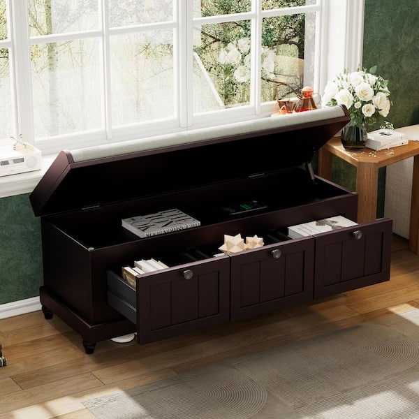 Espresso Storage Bench, 3 Drawers, Flip-Top Seat