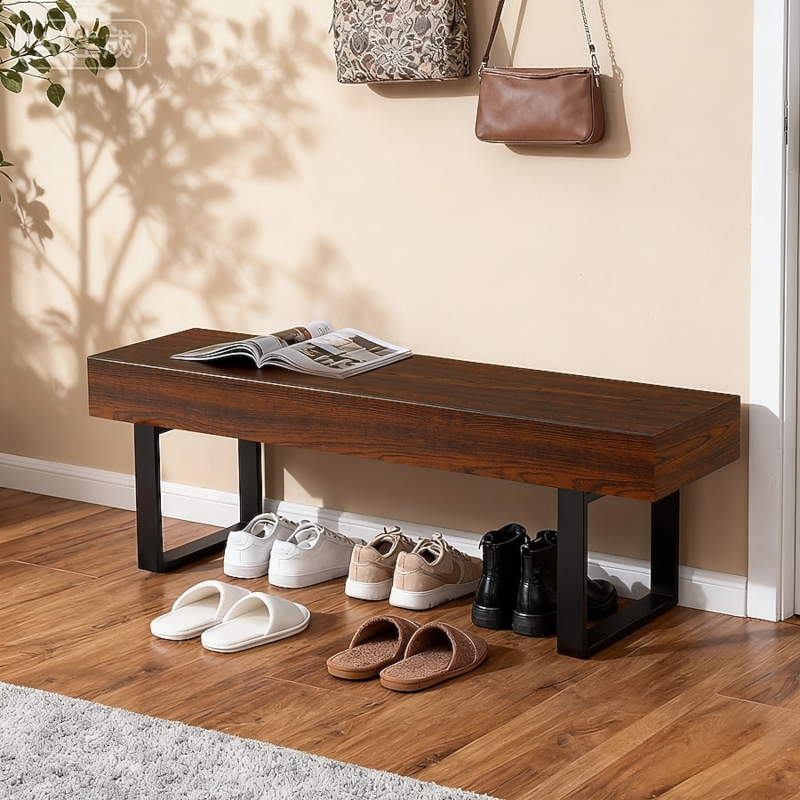 Espresso Wood Entryway Bench with Thick Top and Black Metal Base