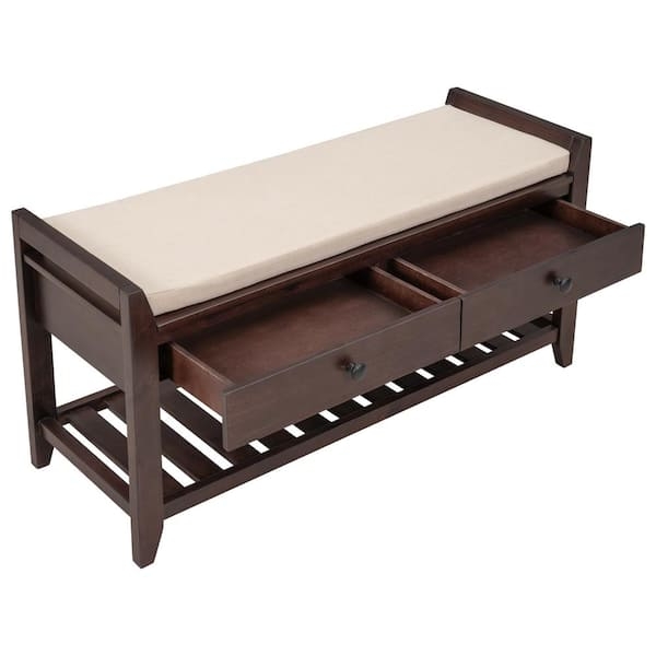 Espresso Wood Entryway Storage Bench with Slatted Shoe Rack