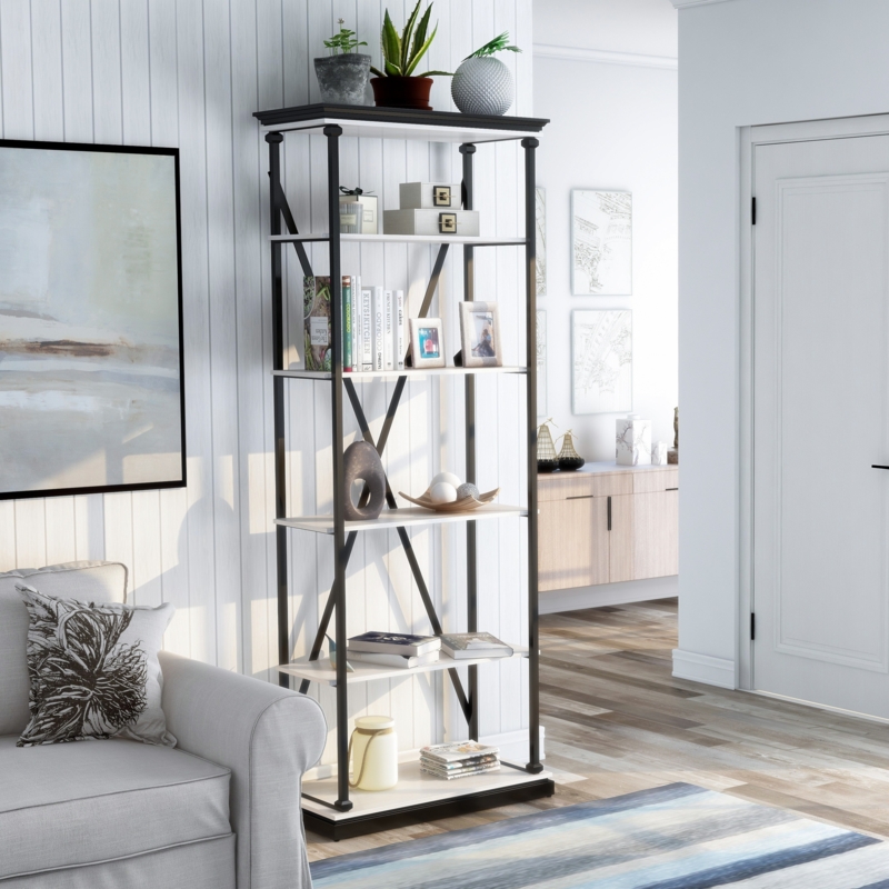 Etagere Bookcase Antique Grey Metal Scrolled Arch Top Shelving