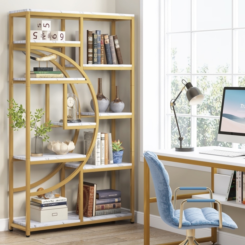 Etagere Bookcase Asymmetric Wood Toned Shelves Satin Gold Storage