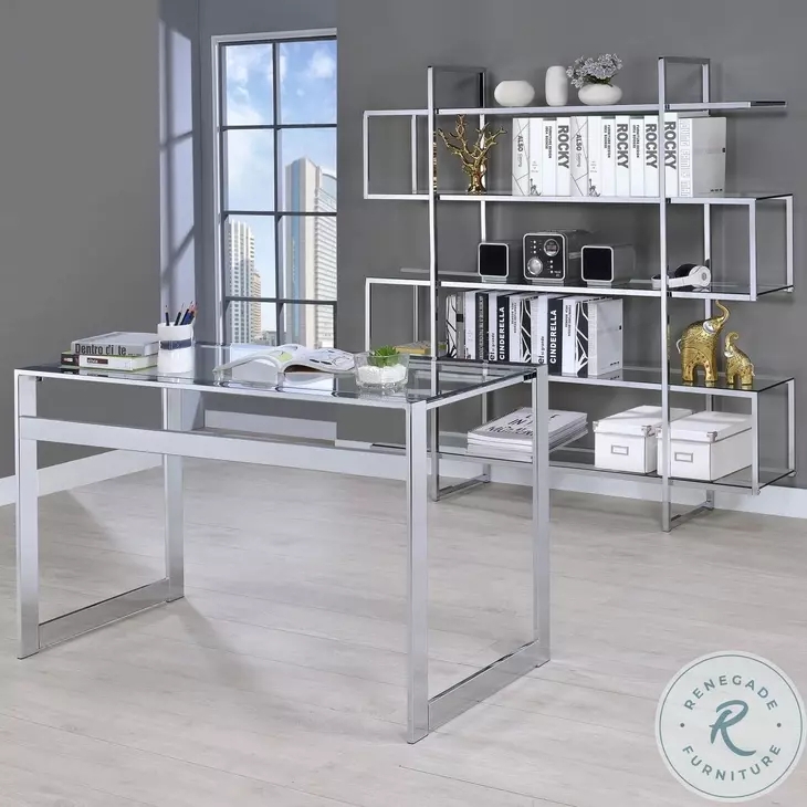 Etagere Bookcase, Geometric Open Frame Chrome, Five Glass Tiers